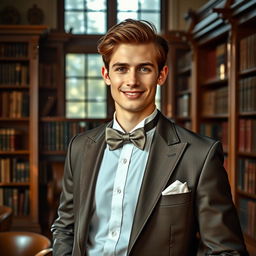 A young, charming gentleman with an elegant demeanor, wearing a tailored suit with a bow tie, standing confidently in a classy library filled with vintage books