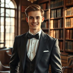 A young, charming gentleman with an elegant demeanor, wearing a tailored suit with a bow tie, standing confidently in a classy library filled with vintage books