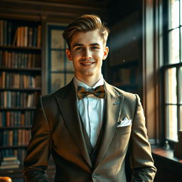 A young, charming gentleman with an elegant demeanor, wearing a tailored suit with a bow tie, standing confidently in a classy library filled with vintage books