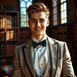 A young, charming gentleman with an elegant demeanor, wearing a tailored suit with a bow tie, standing confidently in a classy library filled with vintage books