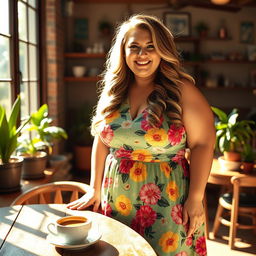 A beautiful and confident BBW (Big Beautiful Woman) standing in a sunlit cafe, wearing a vibrant summer dress with floral patterns