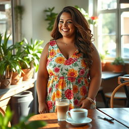 A beautiful and confident BBW (Big Beautiful Woman) standing in a sunlit cafe, wearing a vibrant summer dress with floral patterns