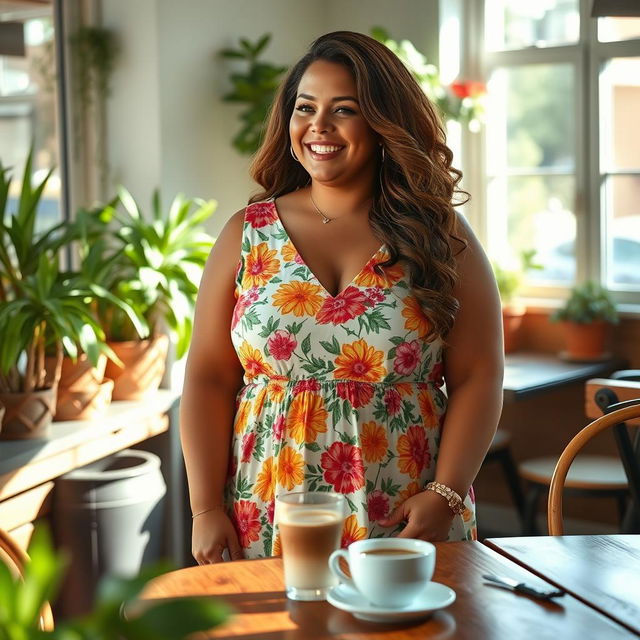 A beautiful and confident BBW (Big Beautiful Woman) standing in a sunlit cafe, wearing a vibrant summer dress with floral patterns