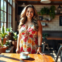 A beautiful and confident BBW (Big Beautiful Woman) standing in a sunlit cafe, wearing a vibrant summer dress with floral patterns