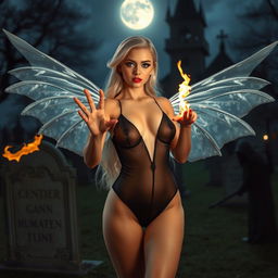 A full-length photographic image of a mesmerizing fairy with beautiful blonde hair and shining silver wings, elegantly posed in a twilight cemetery outside a gothic castle at midnight, illuminated by the soft glow of the moon