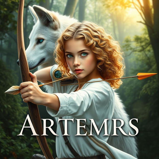 An enchanting book cover for a fantasy novel based on Greek mythology, featuring a 16-year-old girl as the daughter of Artemis