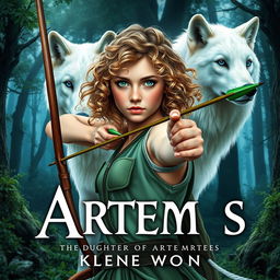 An enchanting book cover for a fantasy novel based on Greek mythology, featuring a 16-year-old girl as the daughter of Artemis