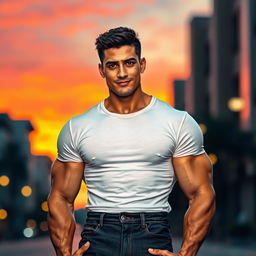 A strong male figure with chiseled features, standing confidently with a slight smile