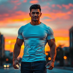 A strong male figure with chiseled features, standing confidently with a slight smile