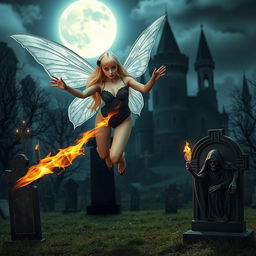 A full-length photographic image of an enchanting fairy with radiant blonde hair and ethereal silver wings, gracefully flying above a mystical cemetery outside a gothic castle at midnight, bathed in the soft glow of the moonlight