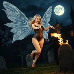A full-length photographic image of an enchanting fairy with radiant blonde hair and ethereal silver wings, gracefully flying above a mystical cemetery outside a gothic castle at midnight, bathed in the soft glow of the moonlight