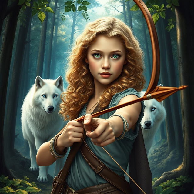 An exquisite book cover for a fantasy novel rooted in Greek mythology, depicting a 16-year-old girl with captivating green eyes and curly blonde hair, reflecting her adventurous spirit