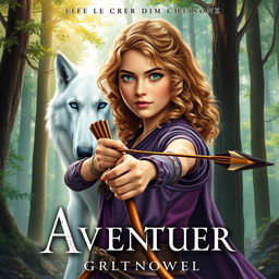 An exquisite book cover for a fantasy novel rooted in Greek mythology, depicting a 16-year-old girl with captivating green eyes and curly blonde hair, reflecting her adventurous spirit