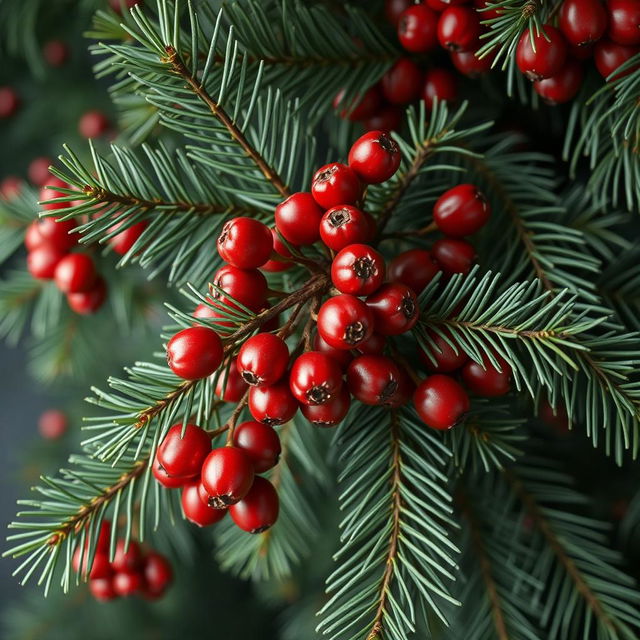 A luxurious and realistic wallpaper featuring a lush spruce branch adorned with vibrant red rowan berries