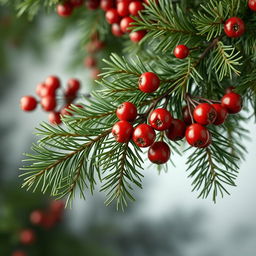 A luxurious and realistic wallpaper featuring a lush spruce branch adorned with vibrant red rowan berries