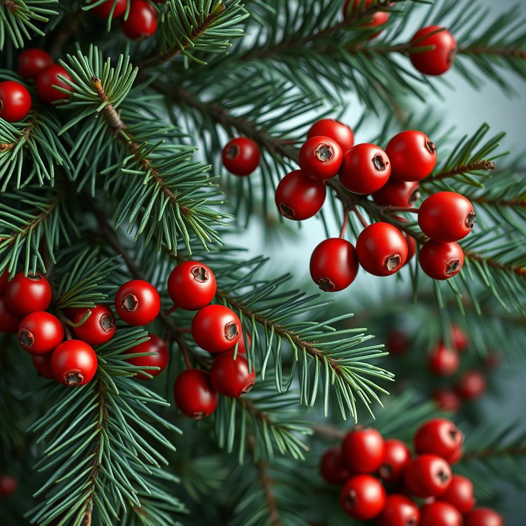 A luxurious and realistic wallpaper featuring a lush spruce branch adorned with vibrant red rowan berries