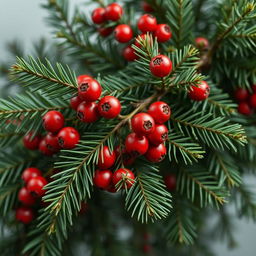 A luxurious and realistic wallpaper featuring a lush spruce branch adorned with vibrant red rowan berries