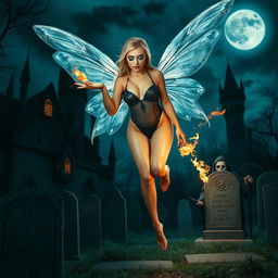 A full-length photographic image of an enchanting fairy with shimmering blonde hair and ethereal silver wings, gracefully flying above a mystical cemetery outside a gothic castle at midnight, illuminated by the luminous glow of the moon