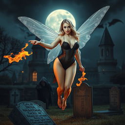 A full-length photographic image of an enchanting fairy with shimmering blonde hair and ethereal silver wings, gracefully flying above a mystical cemetery outside a gothic castle at midnight, illuminated by the luminous glow of the moon