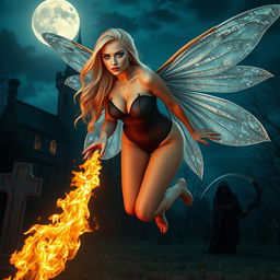 A full-length photographic image of an enchanting fairy with shimmering blonde hair and ethereal silver wings, gracefully flying above a mystical cemetery outside a gothic castle at midnight, illuminated by the luminous glow of the moon