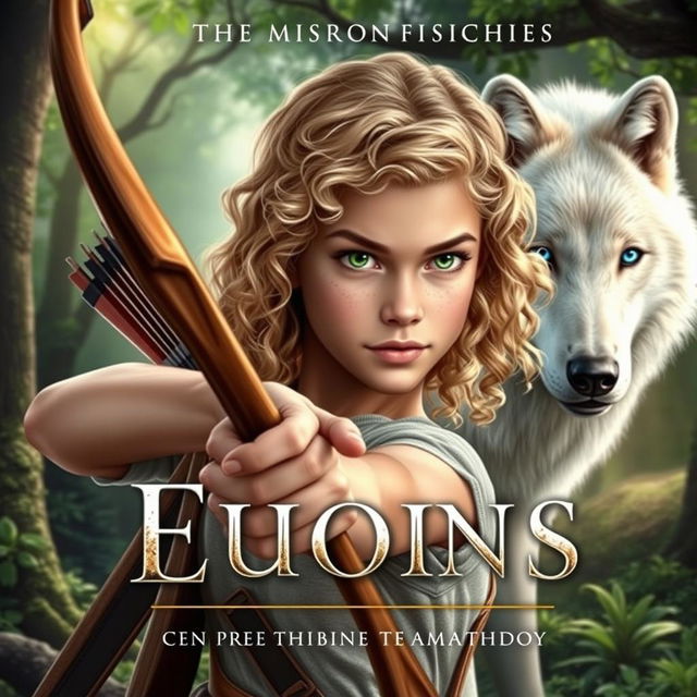 A captivating book cover for a fantasy novel grounded in Greek mythology, featuring an 18-year-old girl with striking green eyes and curly blonde hair, embodying an adventurous spirit