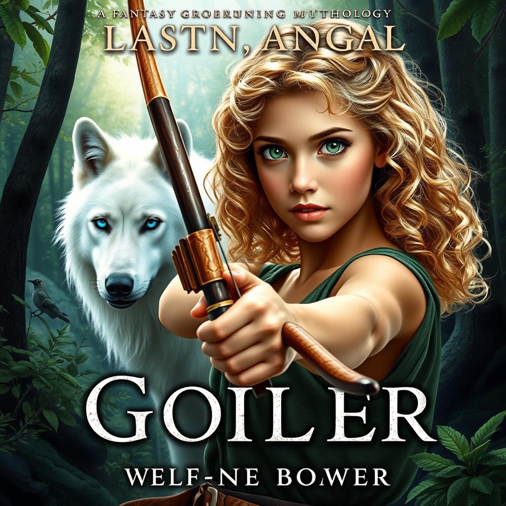 A captivating book cover for a fantasy novel grounded in Greek mythology, featuring an 18-year-old girl with striking green eyes and curly blonde hair, embodying an adventurous spirit