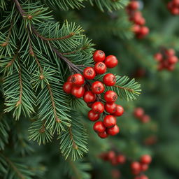 A beautifully detailed wallpaper featuring a luxurious spruce branch on the left side adorned with a vibrant cluster of rowan berries