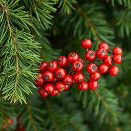 A beautifully detailed wallpaper featuring a luxurious spruce branch on the left side adorned with a vibrant cluster of rowan berries