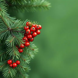 A beautifully detailed wallpaper featuring a luxurious spruce branch on the left side adorned with a vibrant cluster of rowan berries