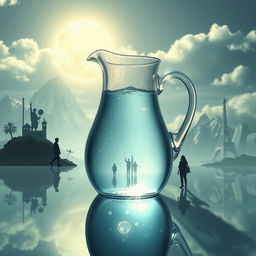 A reflective and serene image illustrating the concept of water in a jug, with people or figures seen wandering the world around it