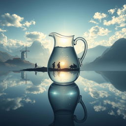 A reflective and serene image illustrating the concept of water in a jug, with people or figures seen wandering the world around it