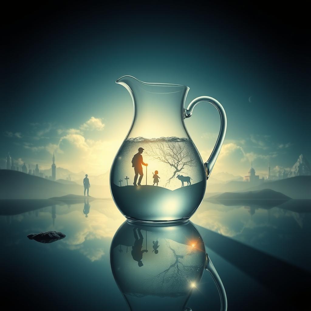 A reflective and serene image illustrating the concept of water in a jug, with people or figures seen wandering the world around it