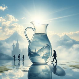 A reflective and serene image illustrating the concept of water in a jug, with people or figures seen wandering the world around it
