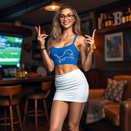 A 29-year-old stripper with dark blond long thick hair and wearing glasses, depicted in a head-to-toe view