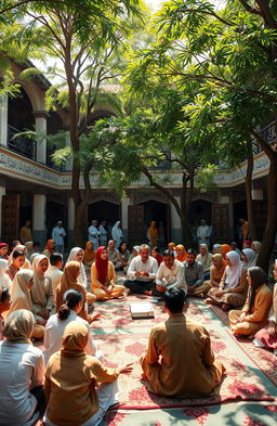 An engaging scene depicting a vibrant pesantren (Islamic boarding school), showcasing students in traditional attire, engaged in lively discussions and rhetoric pertaining to dakwah (Islamic preaching)