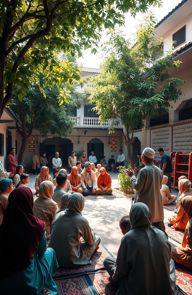 An engaging scene depicting a vibrant pesantren (Islamic boarding school), showcasing students in traditional attire, engaged in lively discussions and rhetoric pertaining to dakwah (Islamic preaching)