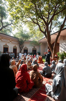 An engaging scene depicting a vibrant pesantren (Islamic boarding school), showcasing students in traditional attire, engaged in lively discussions and rhetoric pertaining to dakwah (Islamic preaching)