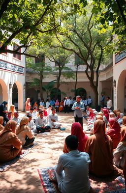 An engaging scene depicting a vibrant pesantren (Islamic boarding school), showcasing students in traditional attire, engaged in lively discussions and rhetoric pertaining to dakwah (Islamic preaching)