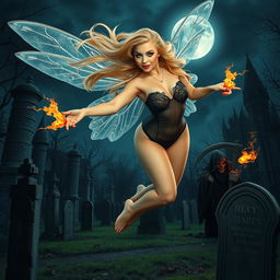 A full-length photographic image of a captivating fairy with flowing blonde hair and shimmering silver wings, gracefully soaring above a hauntingly beautiful cemetery outside a gothic castle at midnight, illuminated by the enchanting glow of the full moon