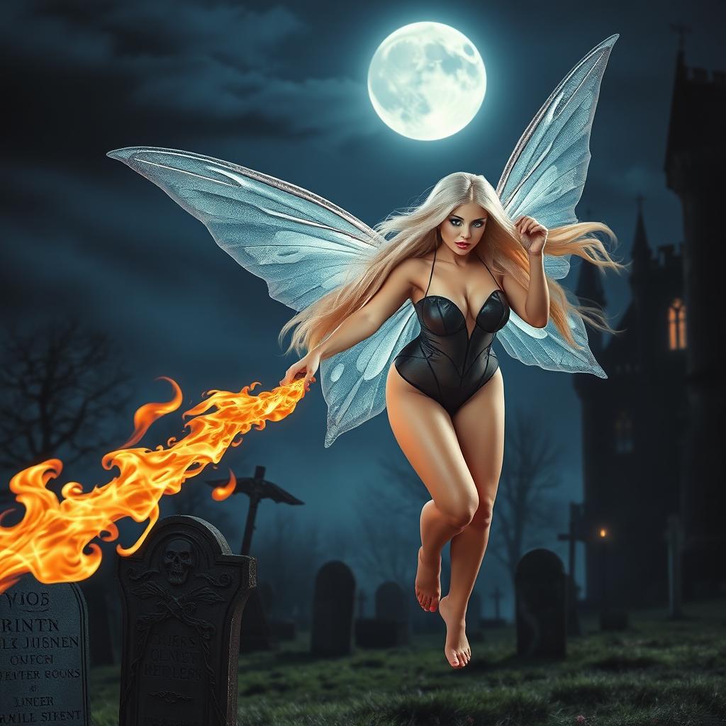 A full-length photographic image of a captivating fairy with flowing blonde hair and shimmering silver wings, gracefully soaring above a hauntingly beautiful cemetery outside a gothic castle at midnight, illuminated by the enchanting glow of the full moon