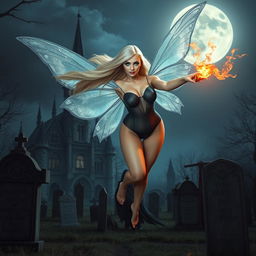 A full-length photographic image of a captivating fairy with flowing blonde hair and shimmering silver wings, gracefully soaring above a hauntingly beautiful cemetery outside a gothic castle at midnight, illuminated by the enchanting glow of the full moon