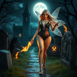 A full-length photographic image of an enchanting fairy with flowing blonde hair and shimmering silver wings, walking gracefully through a mystical cemetery outside a gothic castle at midnight, illuminated by the soft glow of the full moon