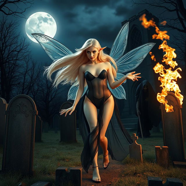 A full-length photographic image of an enchanting fairy with flowing blonde hair and shimmering silver wings, walking gracefully through a mystical cemetery outside a gothic castle at midnight, illuminated by the soft glow of the full moon