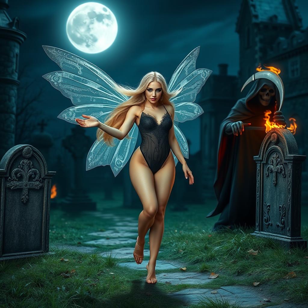 A full-length photographic image of an enchanting fairy with flowing blonde hair and shimmering silver wings, walking gracefully through a mystical cemetery outside a gothic castle at midnight, illuminated by the soft glow of the full moon