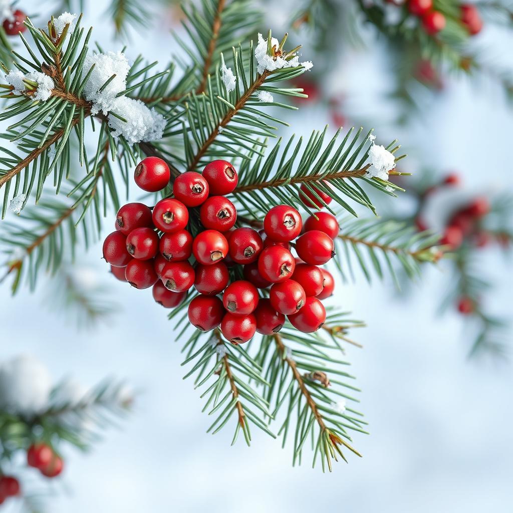 A luxurious spruce branch adorned with a vibrant cluster of rowan berries, set against a light blue snowy background