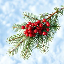 A luxurious spruce branch adorned with a vibrant cluster of rowan berries, set against a light blue snowy background