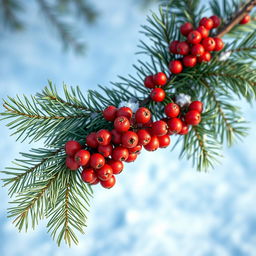 A luxurious spruce branch adorned with a vibrant cluster of rowan berries, set against a light blue snowy background