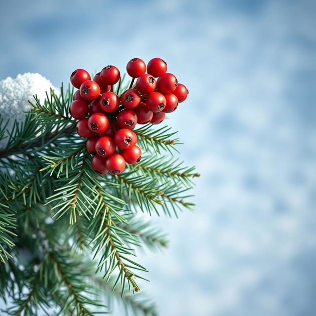 A luxurious spruce branch adorned with a vibrant cluster of rowan berries, set against a light blue snowy background