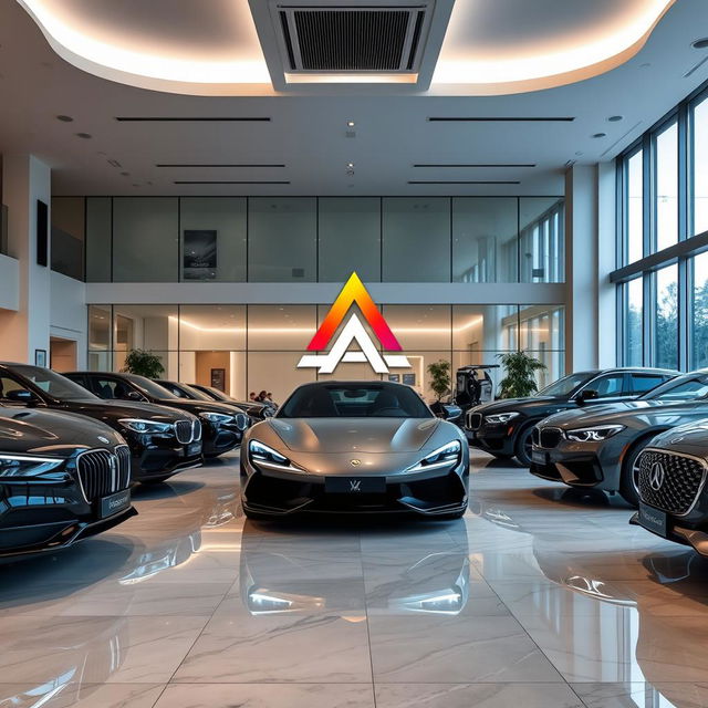 A luxury car showroom featuring sleek, high-end vehicles displayed elegantly under soft lighting