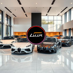 A luxury car showroom featuring sleek, high-end vehicles displayed elegantly under soft lighting